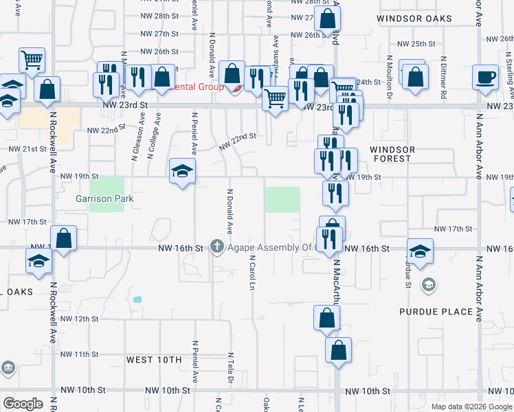 map of restaurants, bars, coffee shops, grocery stores, and more near 1819 North Allen Lane in Oklahoma City