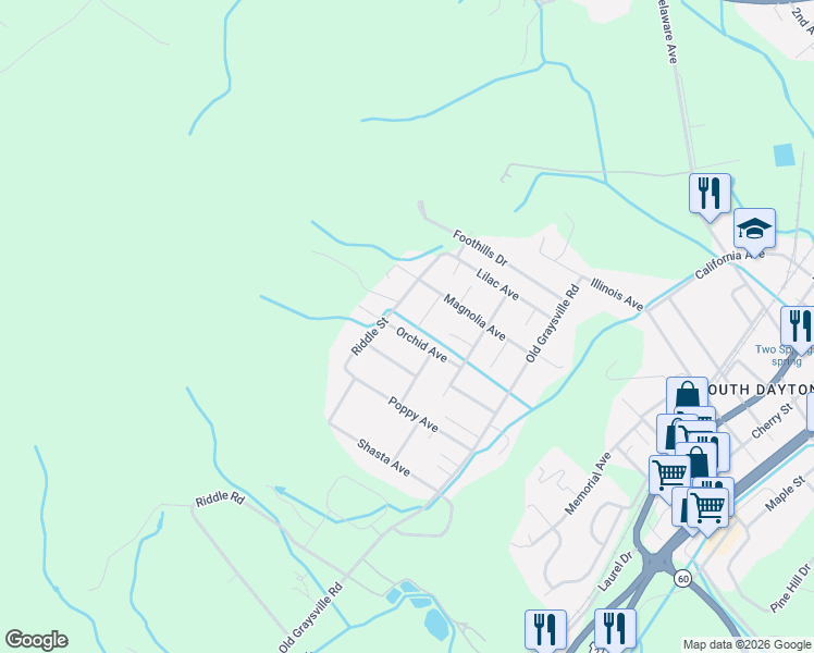map of restaurants, bars, coffee shops, grocery stores, and more near 282 Orchid Avenue in Dayton