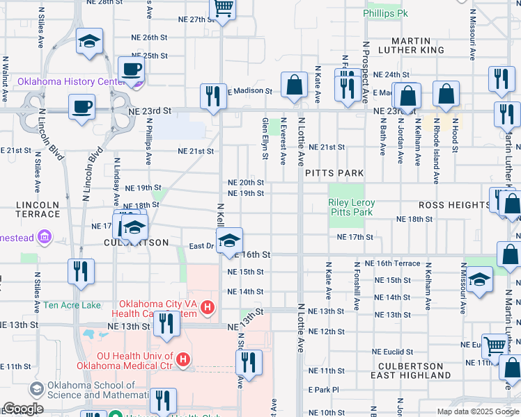 map of restaurants, bars, coffee shops, grocery stores, and more near 1117 Northeast 18th Street in Oklahoma City