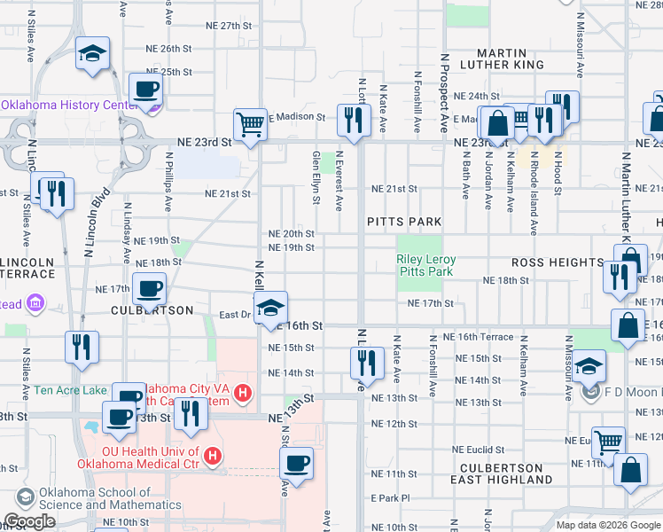 map of restaurants, bars, coffee shops, grocery stores, and more near 1205 Northeast 18th Street in Oklahoma City