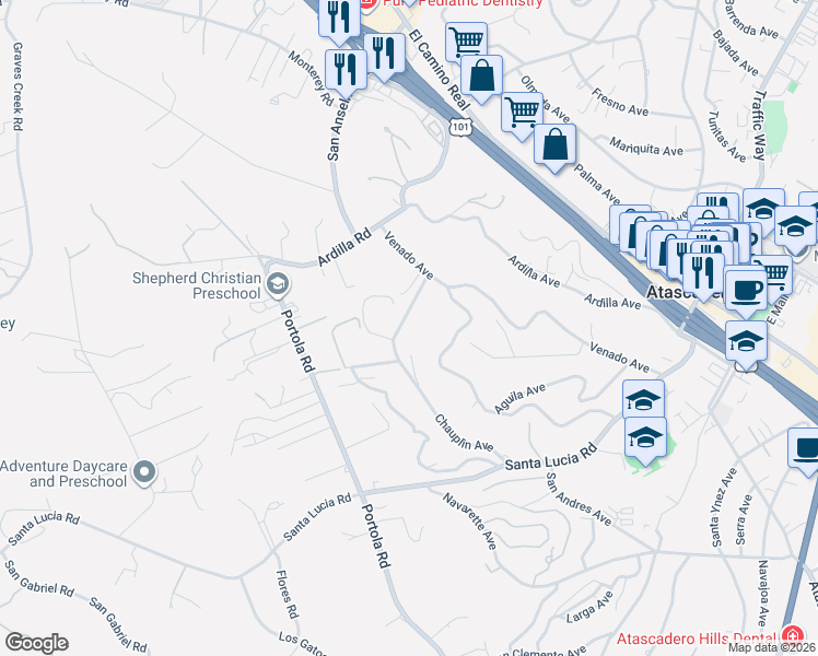 map of restaurants, bars, coffee shops, grocery stores, and more near 5200 Chauplin Avenue in Atascadero
