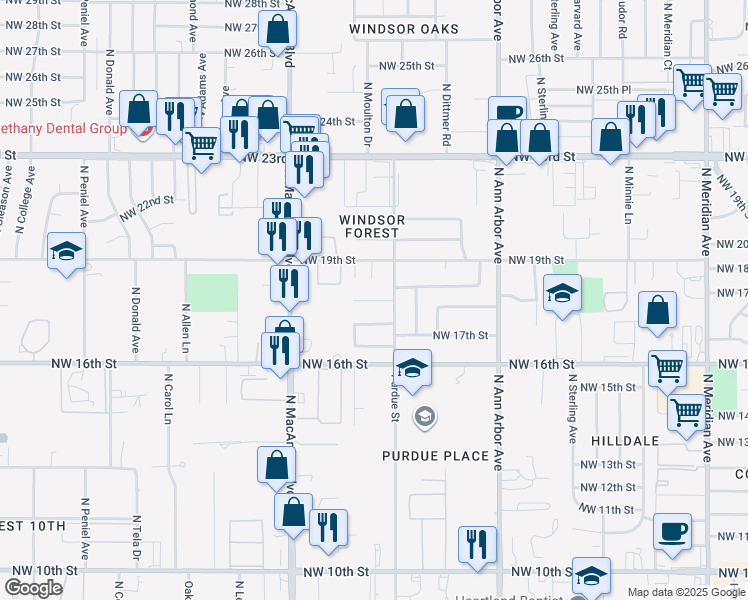 map of restaurants, bars, coffee shops, grocery stores, and more near 5117 Northwest 18th Street in Oklahoma City