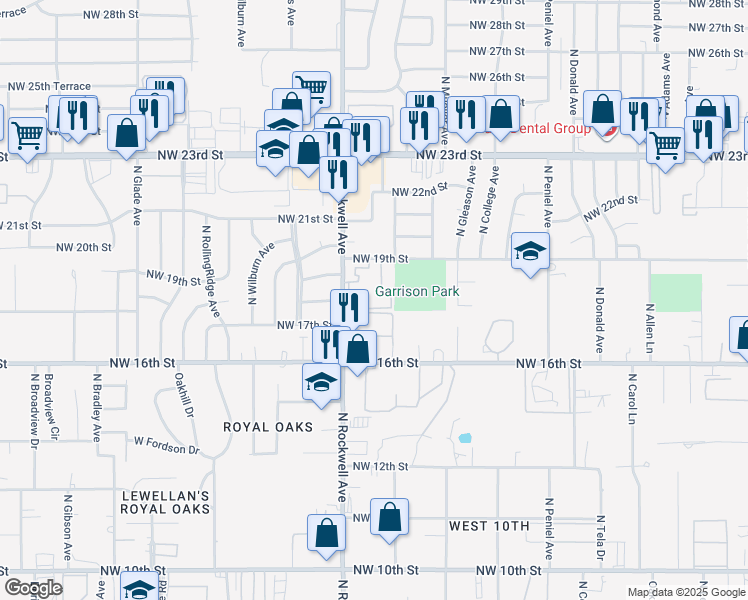 map of restaurants, bars, coffee shops, grocery stores, and more near 1900 North Rockwell Avenue in Bethany
