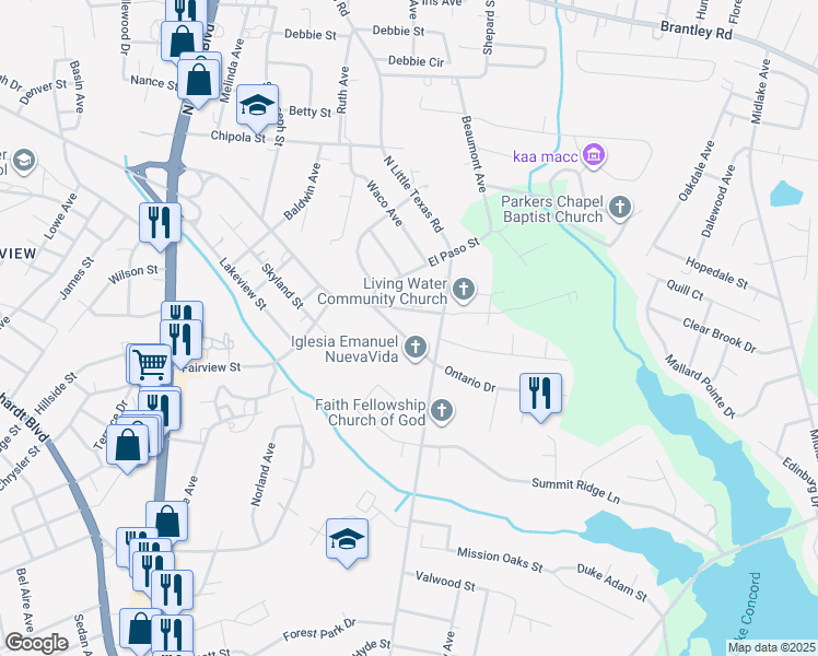 map of restaurants, bars, coffee shops, grocery stores, and more near 1351 Ontario Drive in Kannapolis
