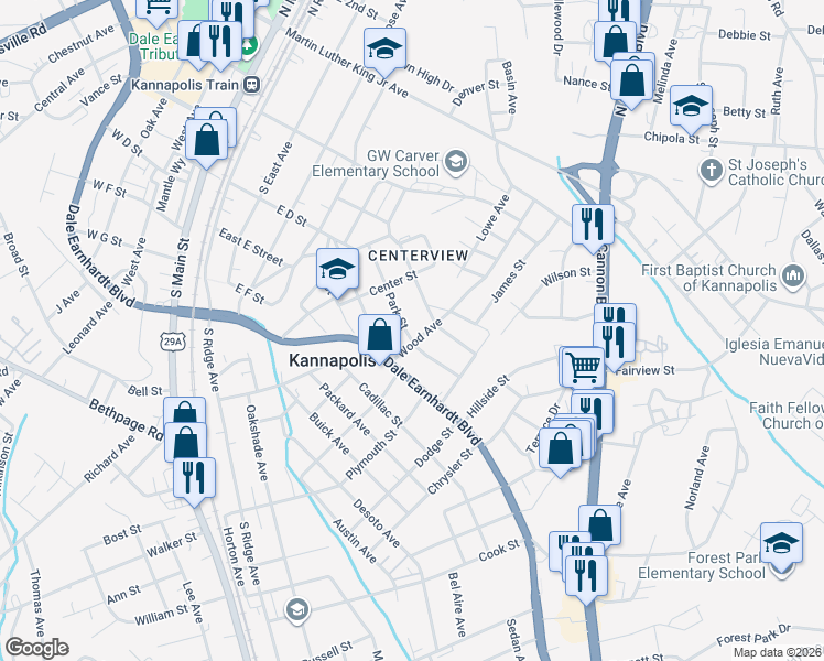 map of restaurants, bars, coffee shops, grocery stores, and more near 531 Park Street in Kannapolis