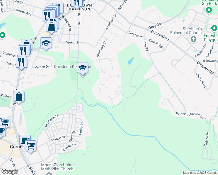 map of restaurants, bars, coffee shops, grocery stores, and more near 400 Avinger Lane in Davidson