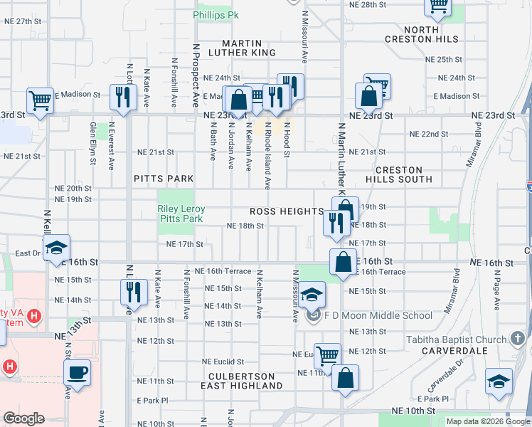 map of restaurants, bars, coffee shops, grocery stores, and more near 1704 Northeast 19th Street in Oklahoma City