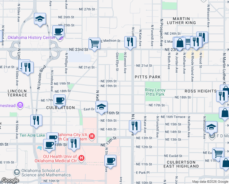 map of restaurants, bars, coffee shops, grocery stores, and more near 1117 Northeast 18th Street in Oklahoma City