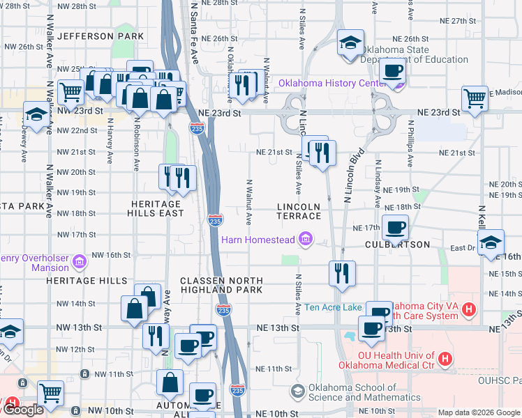 map of restaurants, bars, coffee shops, grocery stores, and more near 289-429 NE 18th St in Oklahoma City