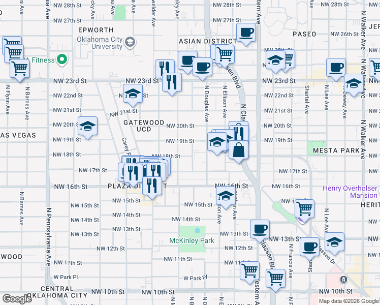 map of restaurants, bars, coffee shops, grocery stores, and more near 1511 Northwest 18th Street in Oklahoma City