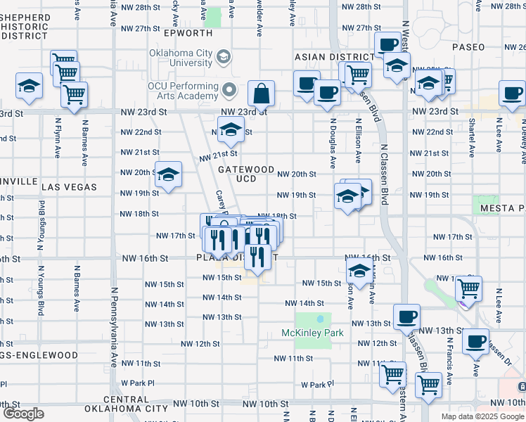 map of restaurants, bars, coffee shops, grocery stores, and more near 1715 Northwest 18th Street in Oklahoma City