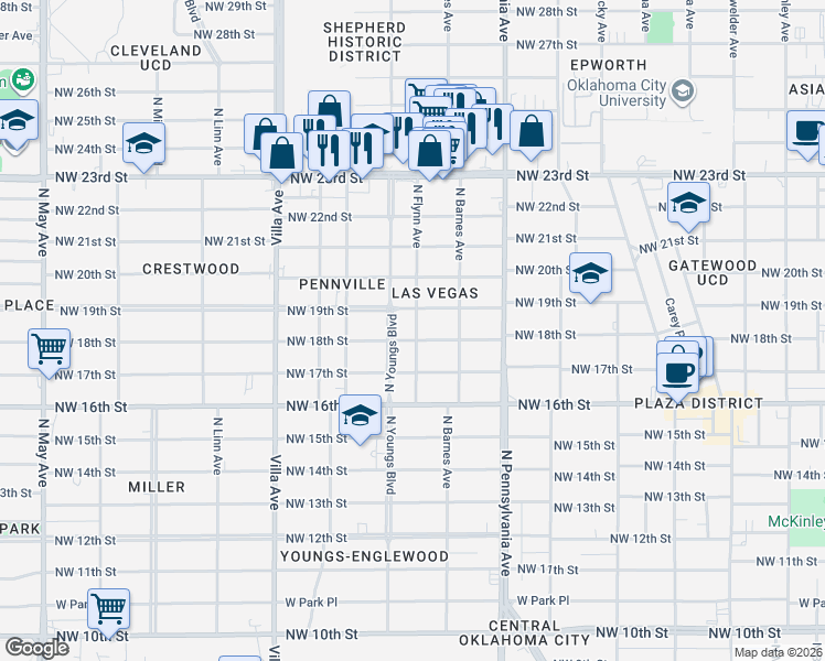 map of restaurants, bars, coffee shops, grocery stores, and more near 2230 Northwest 19th Street in Oklahoma City