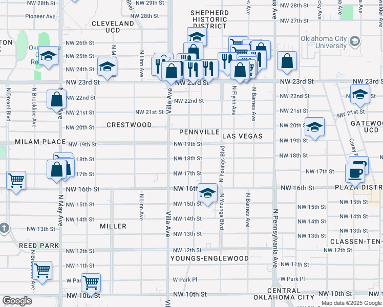 map of restaurants, bars, coffee shops, grocery stores, and more near 1909 North Cross Avenue in Oklahoma City