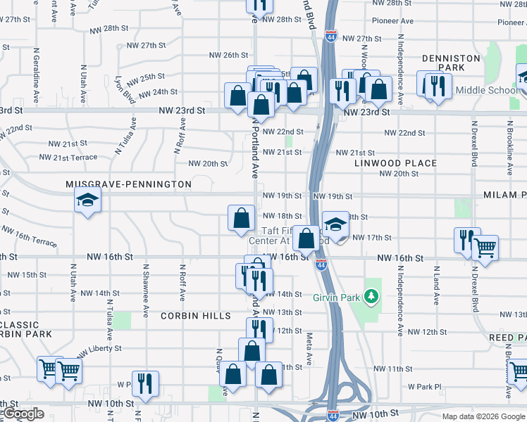 map of restaurants, bars, coffee shops, grocery stores, and more near 3617 Northwest 18th Street in Oklahoma City