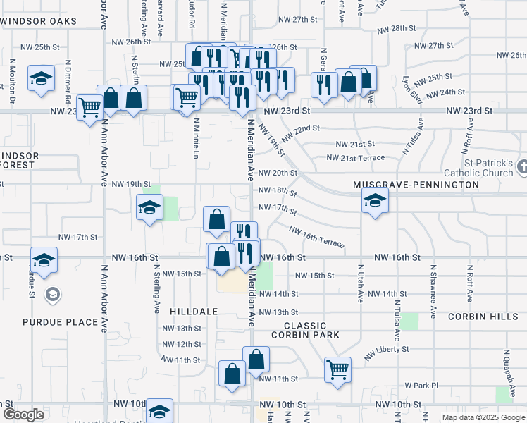 map of restaurants, bars, coffee shops, grocery stores, and more near 4420 Northwest 17th Street in Oklahoma City