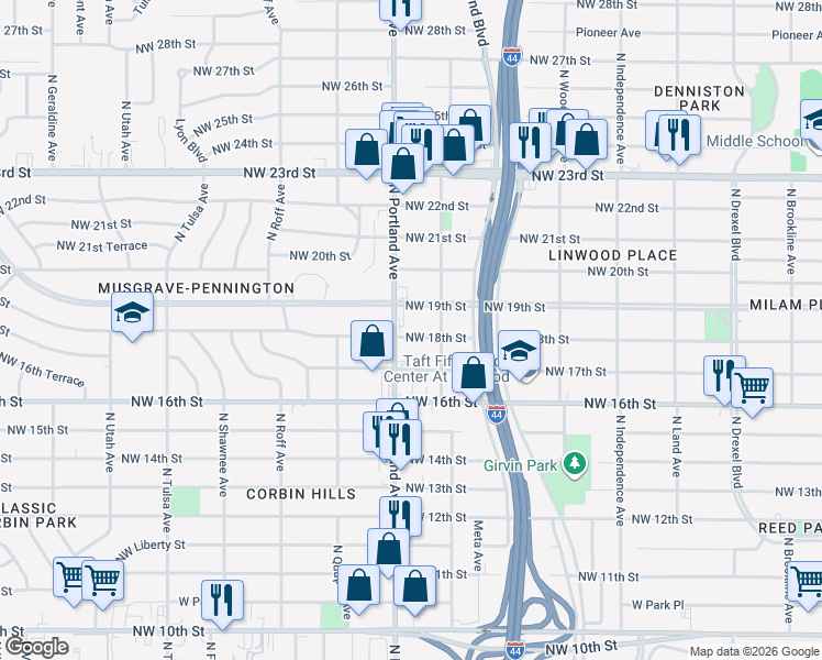 map of restaurants, bars, coffee shops, grocery stores, and more near 3617 Northwest 18th Street in Oklahoma City