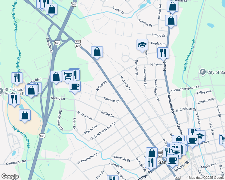 map of restaurants, bars, coffee shops, grocery stores, and more near 641 North Horner Boulevard in Sanford