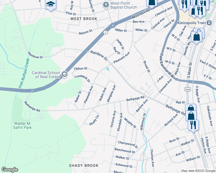 map of restaurants, bars, coffee shops, grocery stores, and more near 709 Robin Avenue in Kannapolis