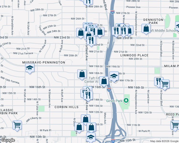 map of restaurants, bars, coffee shops, grocery stores, and more near 3617 Northwest 18th Street in Oklahoma City