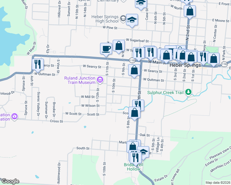map of restaurants, bars, coffee shops, grocery stores, and more near 908 West Mill Street in Heber Springs