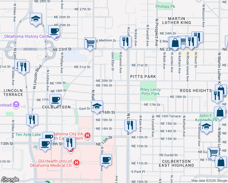 map of restaurants, bars, coffee shops, grocery stores, and more near 1205 Northeast 18th Street in Oklahoma City