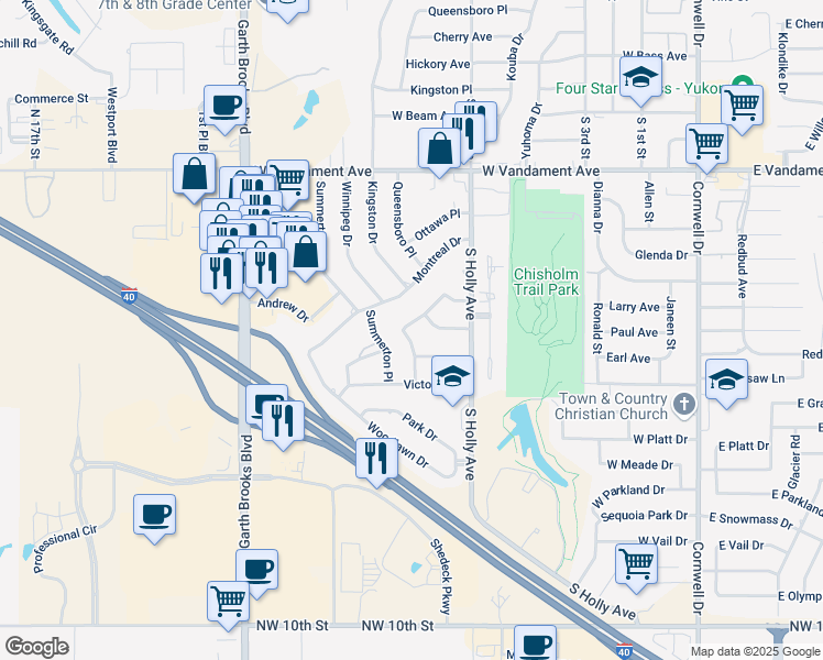 map of restaurants, bars, coffee shops, grocery stores, and more near 804 John F Kroutil Drive in Yukon