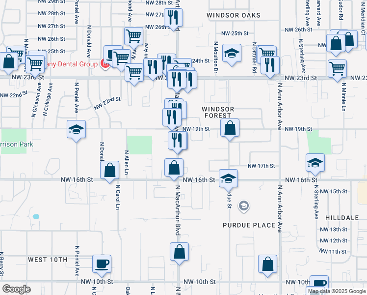 map of restaurants, bars, coffee shops, grocery stores, and more near 1828 North Macarthur Boulevard in Oklahoma City