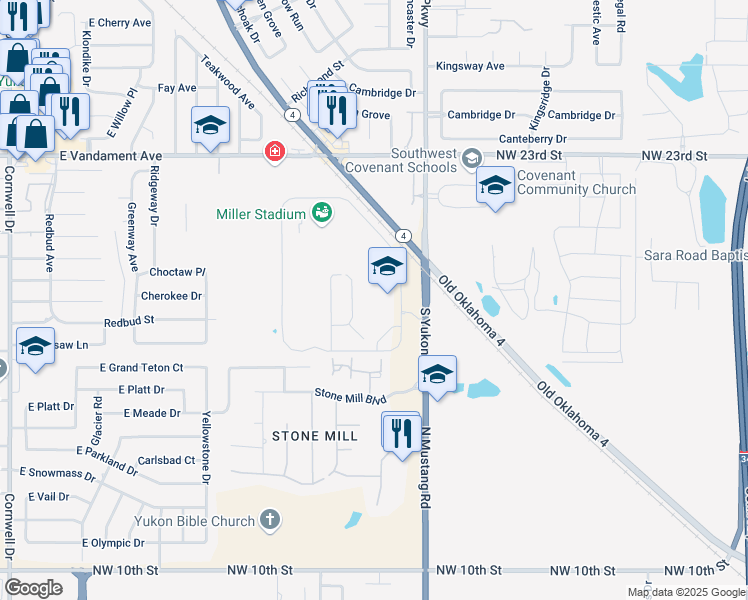 map of restaurants, bars, coffee shops, grocery stores, and more near 1777 South Yukon Parkway in Yukon