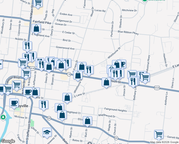 map of restaurants, bars, coffee shops, grocery stores, and more near 622 Whitthorne Street in Shelbyville