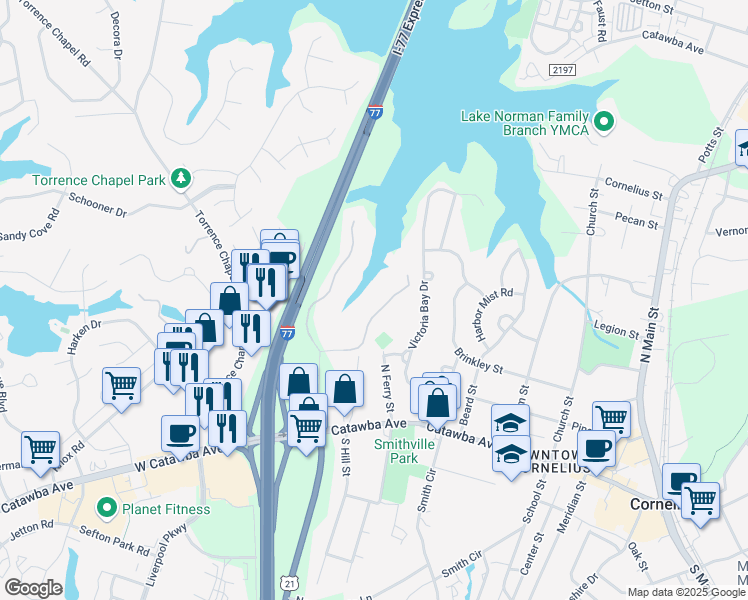 map of restaurants, bars, coffee shops, grocery stores, and more near 20911 Sterling Bay Lane East in Cornelius