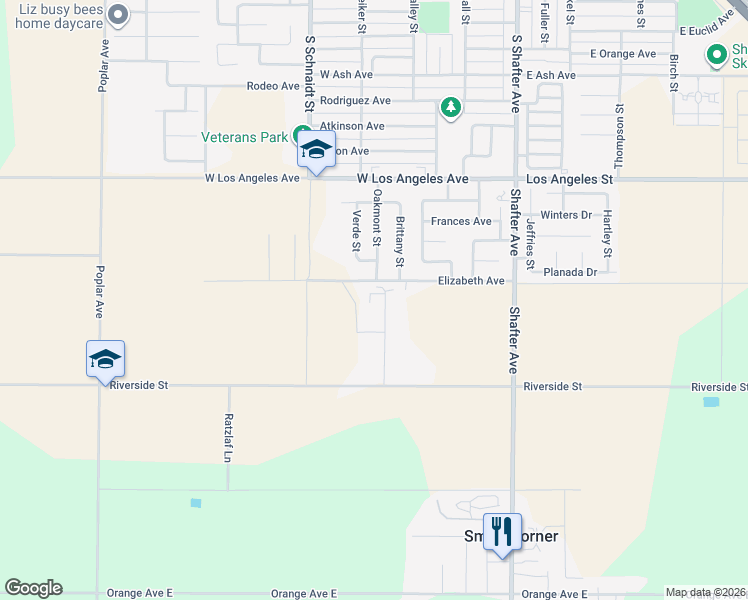 map of restaurants, bars, coffee shops, grocery stores, and more near 18251 Thomas Lane in Shafter