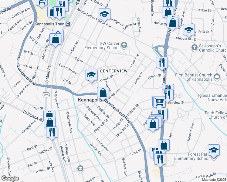map of restaurants, bars, coffee shops, grocery stores, and more near 531 Park Street in Kannapolis