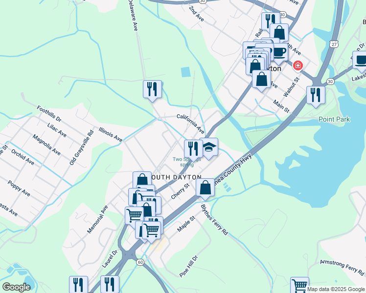 map of restaurants, bars, coffee shops, grocery stores, and more near 107 Hickory Street in Dayton