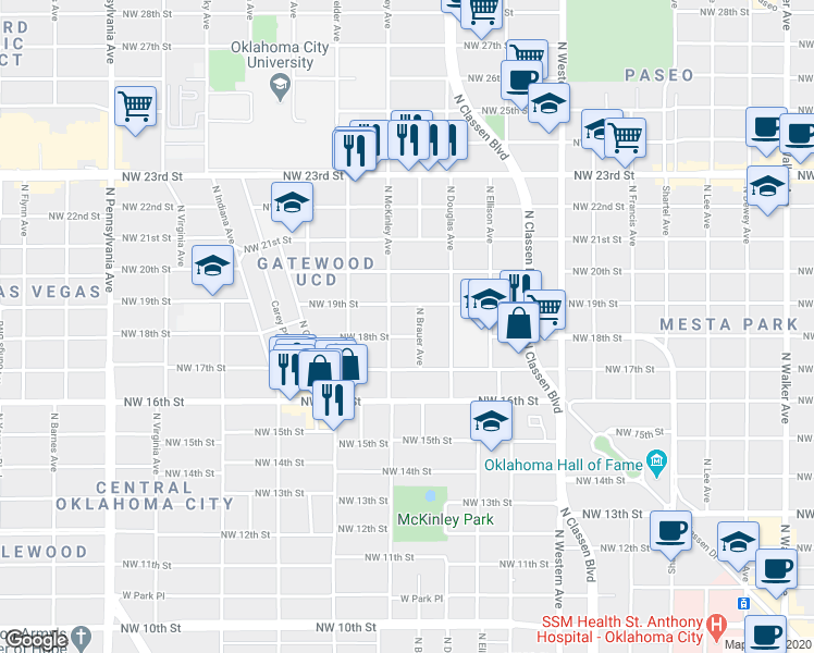 map of restaurants, bars, coffee shops, grocery stores, and more near 1511 Northwest 18th Street in Oklahoma City