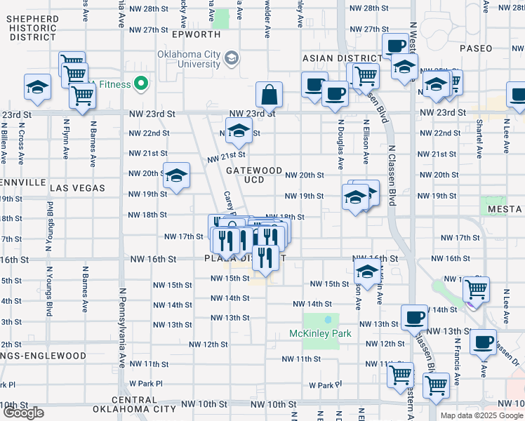 map of restaurants, bars, coffee shops, grocery stores, and more near 1715 Northwest 18th Street in Oklahoma City