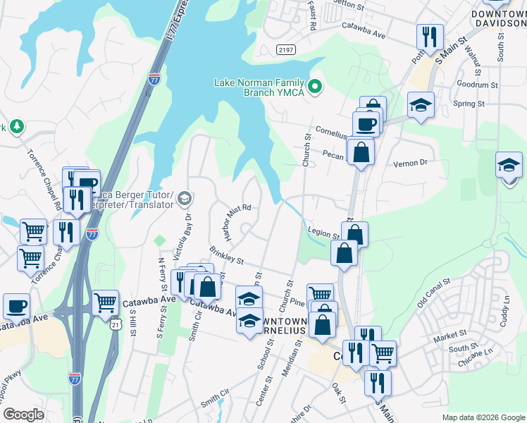 map of restaurants, bars, coffee shops, grocery stores, and more near 20140 Beard Street in Cornelius