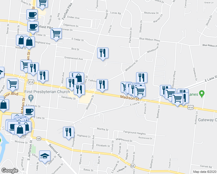 map of restaurants, bars, coffee shops, grocery stores, and more near 714 Whitthorne Street in Shelbyville