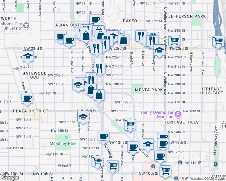 map of restaurants, bars, coffee shops, grocery stores, and more near 977 Northwest 18th Street in Oklahoma City