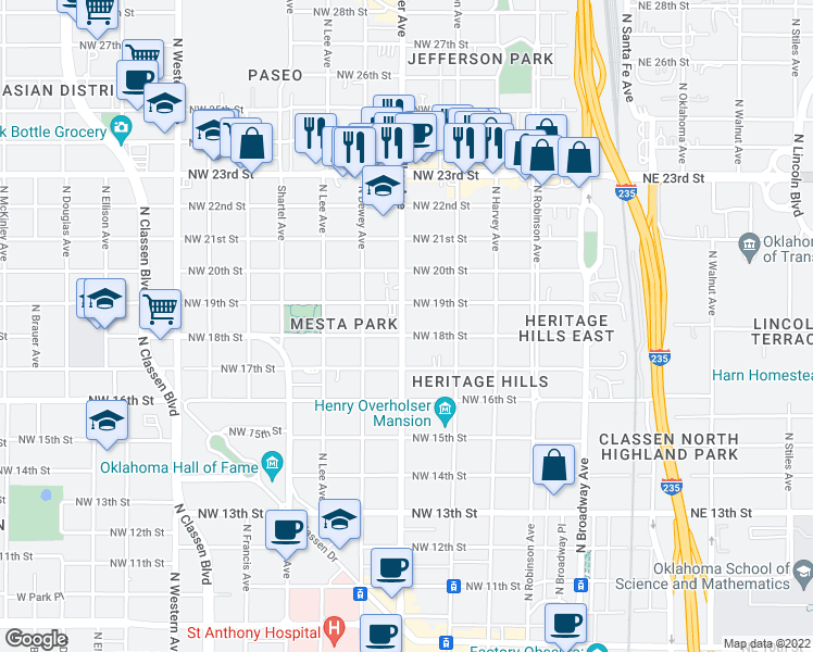 map of restaurants, bars, coffee shops, grocery stores, and more near 439 Northwest 18th Street in Oklahoma City