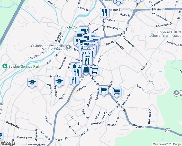 map of restaurants, bars, coffee shops, grocery stores, and more near 59 Pigeon Street in Waynesville