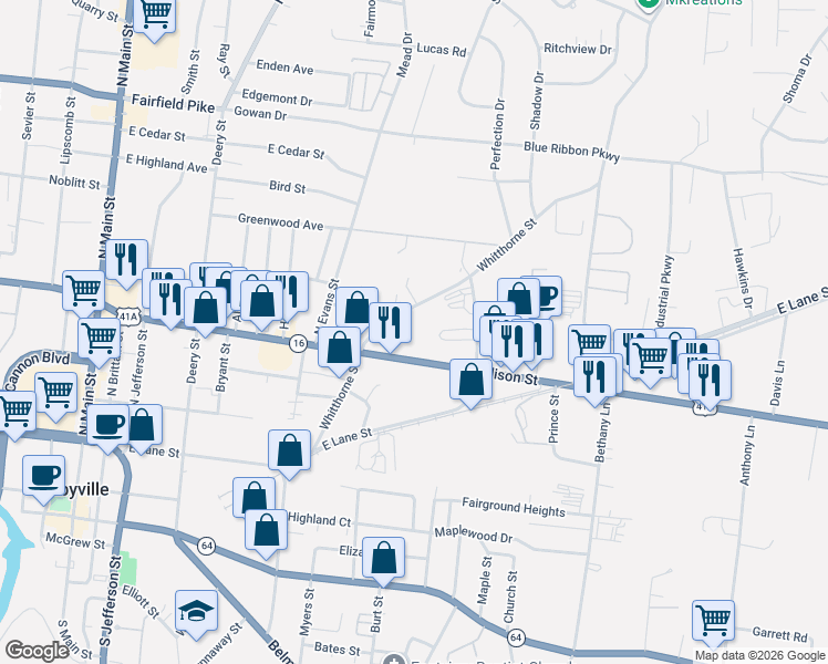 map of restaurants, bars, coffee shops, grocery stores, and more near 714 Whitthorne Street in Shelbyville
