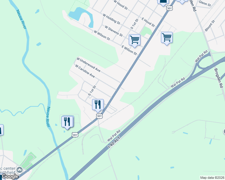 map of restaurants, bars, coffee shops, grocery stores, and more near 1806 South Brightleaf Boulevard in Smithfield