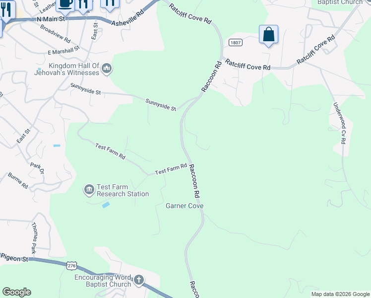 map of restaurants, bars, coffee shops, grocery stores, and more near 190 John Morrow Road in Waynesville