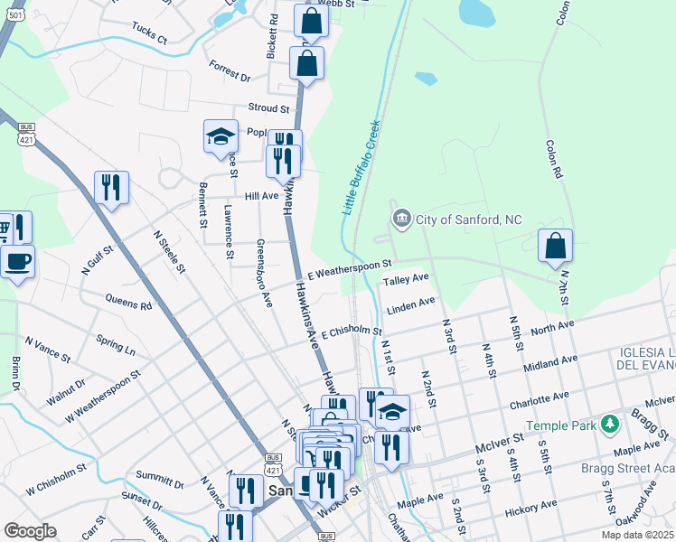 map of restaurants, bars, coffee shops, grocery stores, and more near 106 East Weatherspoon Street in Sanford