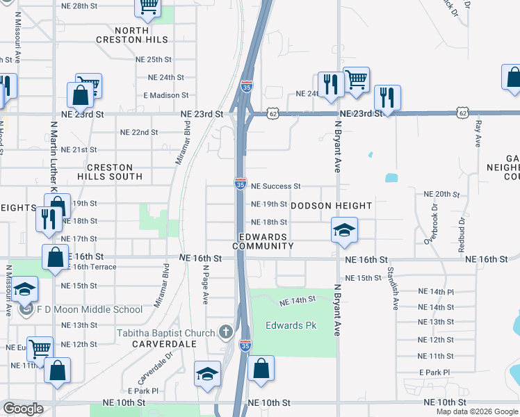 map of restaurants, bars, coffee shops, grocery stores, and more near 2620 Northeast 19th Street in Oklahoma City