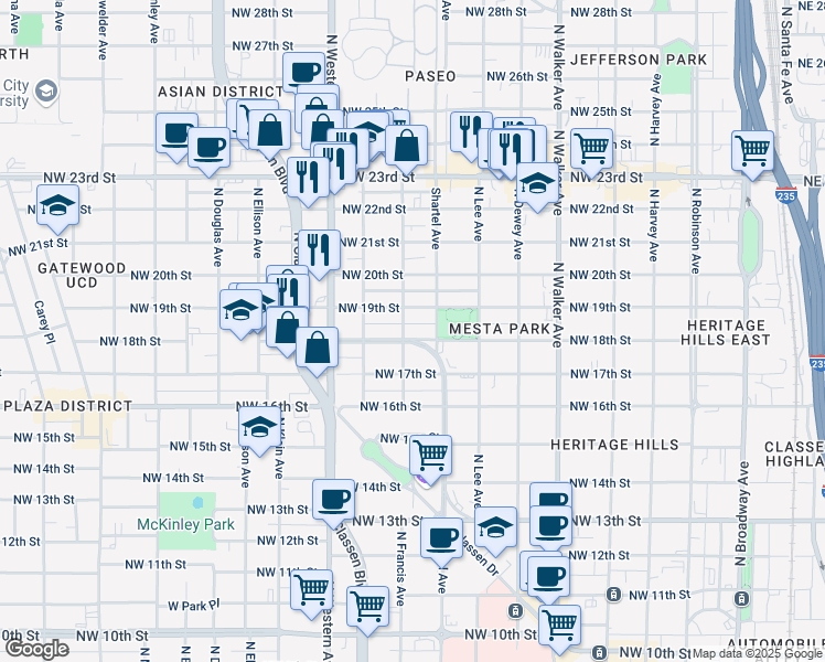 map of restaurants, bars, coffee shops, grocery stores, and more near 831 Northwest 18th Street in Oklahoma City
