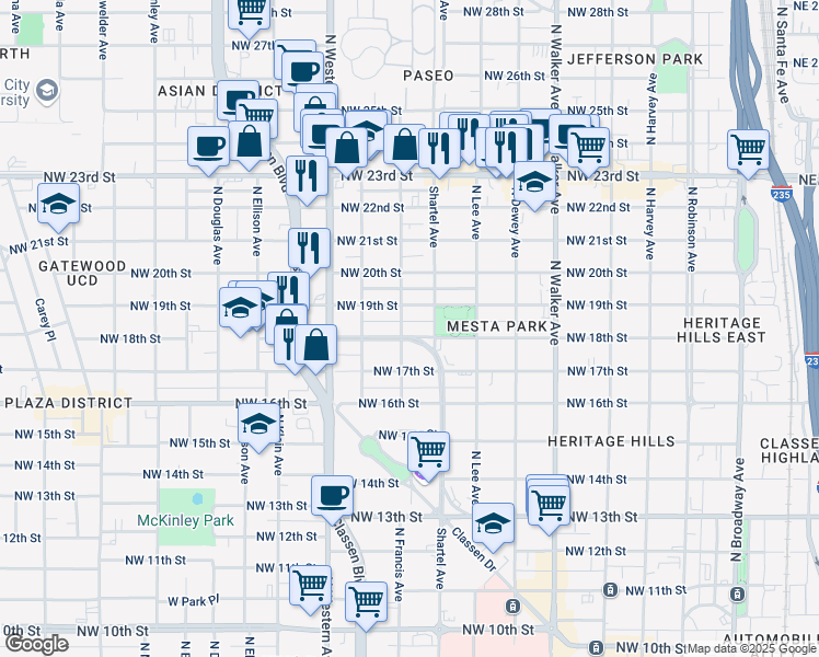 map of restaurants, bars, coffee shops, grocery stores, and more near 831 Northwest 18th Street in Oklahoma City