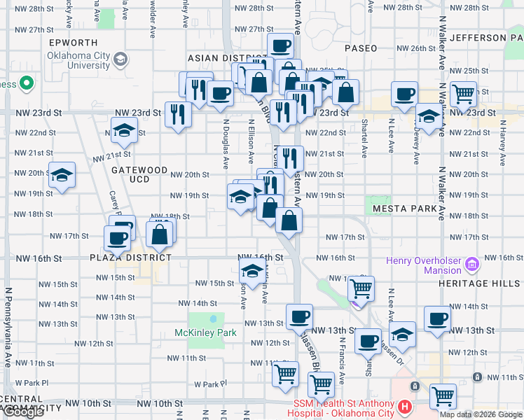 map of restaurants, bars, coffee shops, grocery stores, and more near 1907 North Classen Boulevard in Oklahoma City