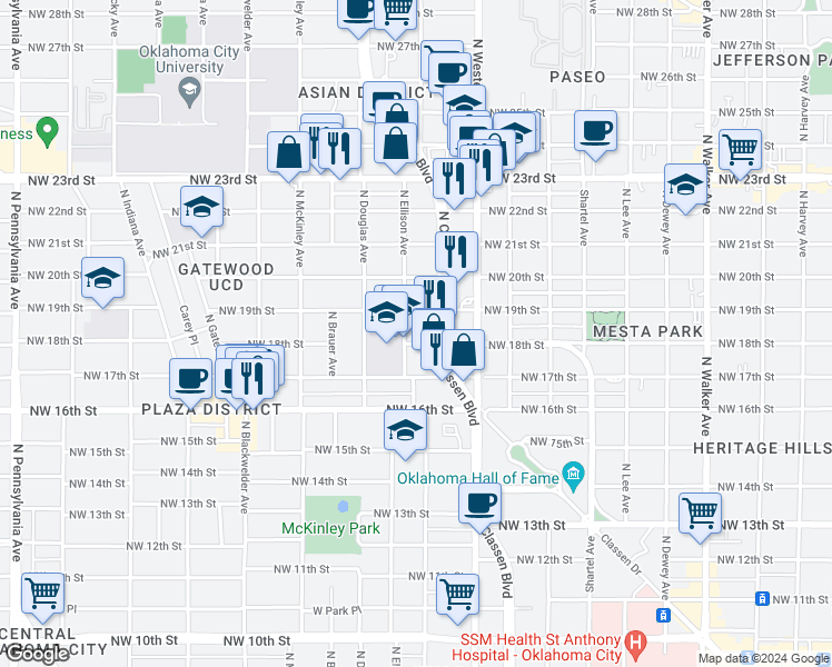 map of restaurants, bars, coffee shops, grocery stores, and more near 1926 North Ellison Avenue in Oklahoma City
