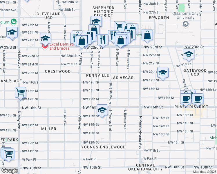 map of restaurants, bars, coffee shops, grocery stores, and more near 1903 North Youngs Boulevard in Oklahoma City